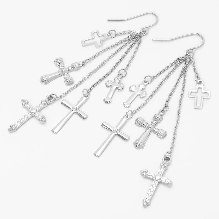 Silver Mixed Crosses 3&quot; Linear Drop Earrings,