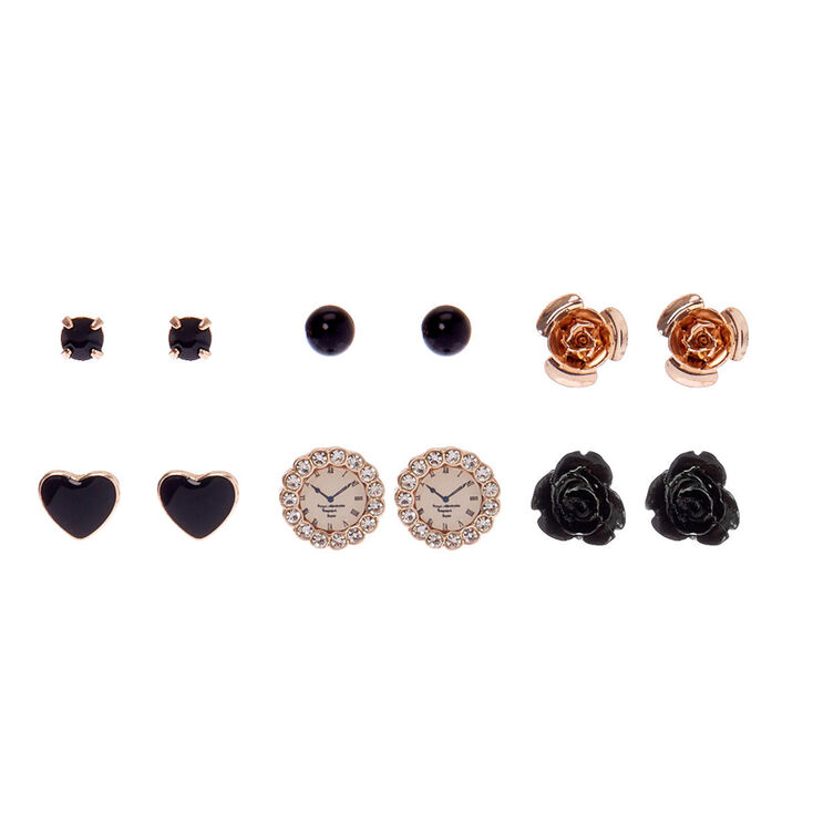Gold Floral Stud Earrings - Black, 6 Pack,