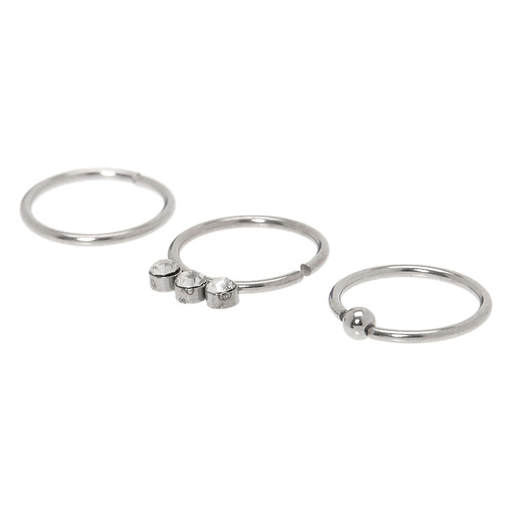 Silver 20G Triple Crystal Hoop Nose Rings - 3 Pack,