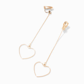 Gold 3&quot; Heart Linear Clip-On Drop Earrings,