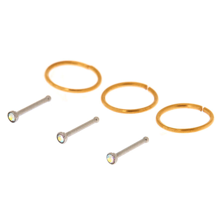 Gold 20G Cubic Zirconia Glam Nose Studs & Ring Set - 6 Pack,