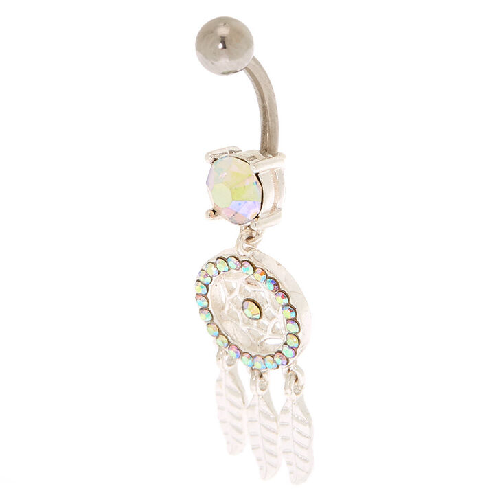 Silver 14G Iridescent Stone Dreamcatcher Belly Ring,