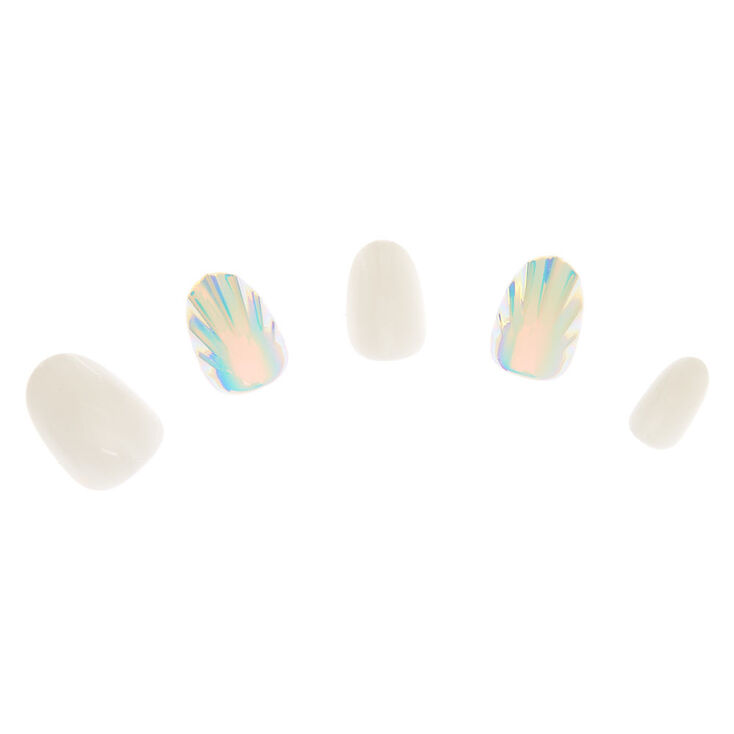 Holographic Shell Round Faux Nail Set - White, 24 Pack,