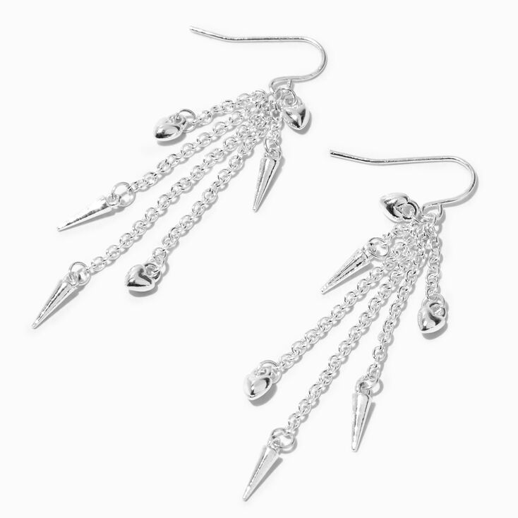Silver-tone Spike &amp; Heart Fringe 2&quot; Drop Earrings,