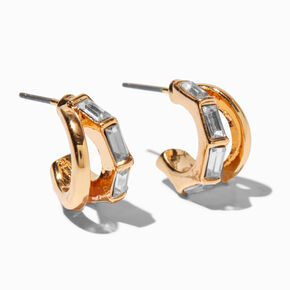 Baguette Crystal Gold-tone Triple Hoop Earrings,