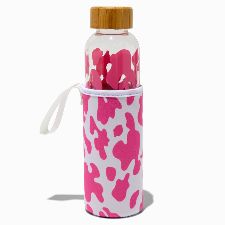 Pink Cow Print Glass Water Bottle with Pouch,