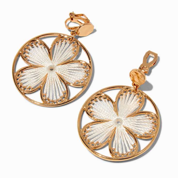 White Threaded Floral Gold-tone 2&quot; Clip-On Drop Earrings ,