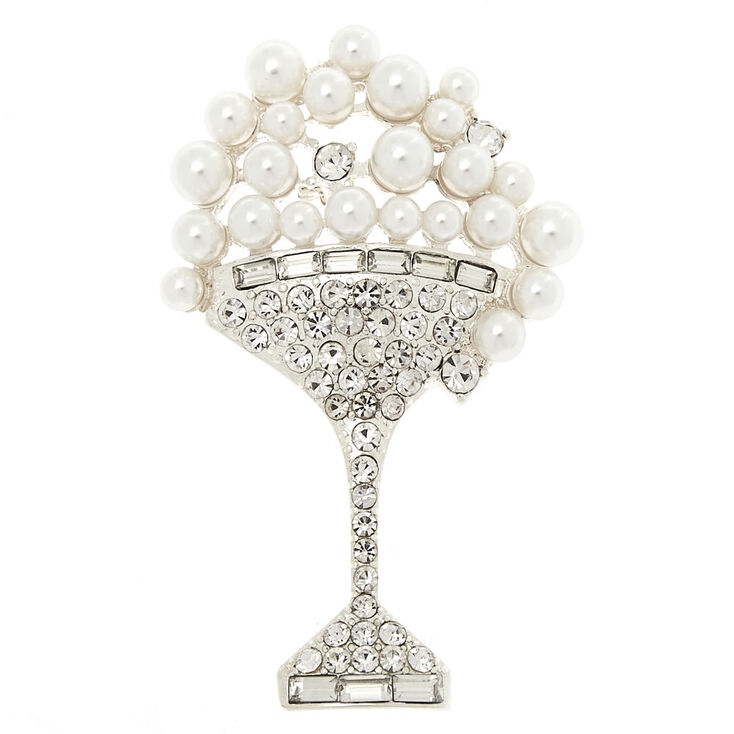 Silver Rhinestone & Pearl Martini Brooch,