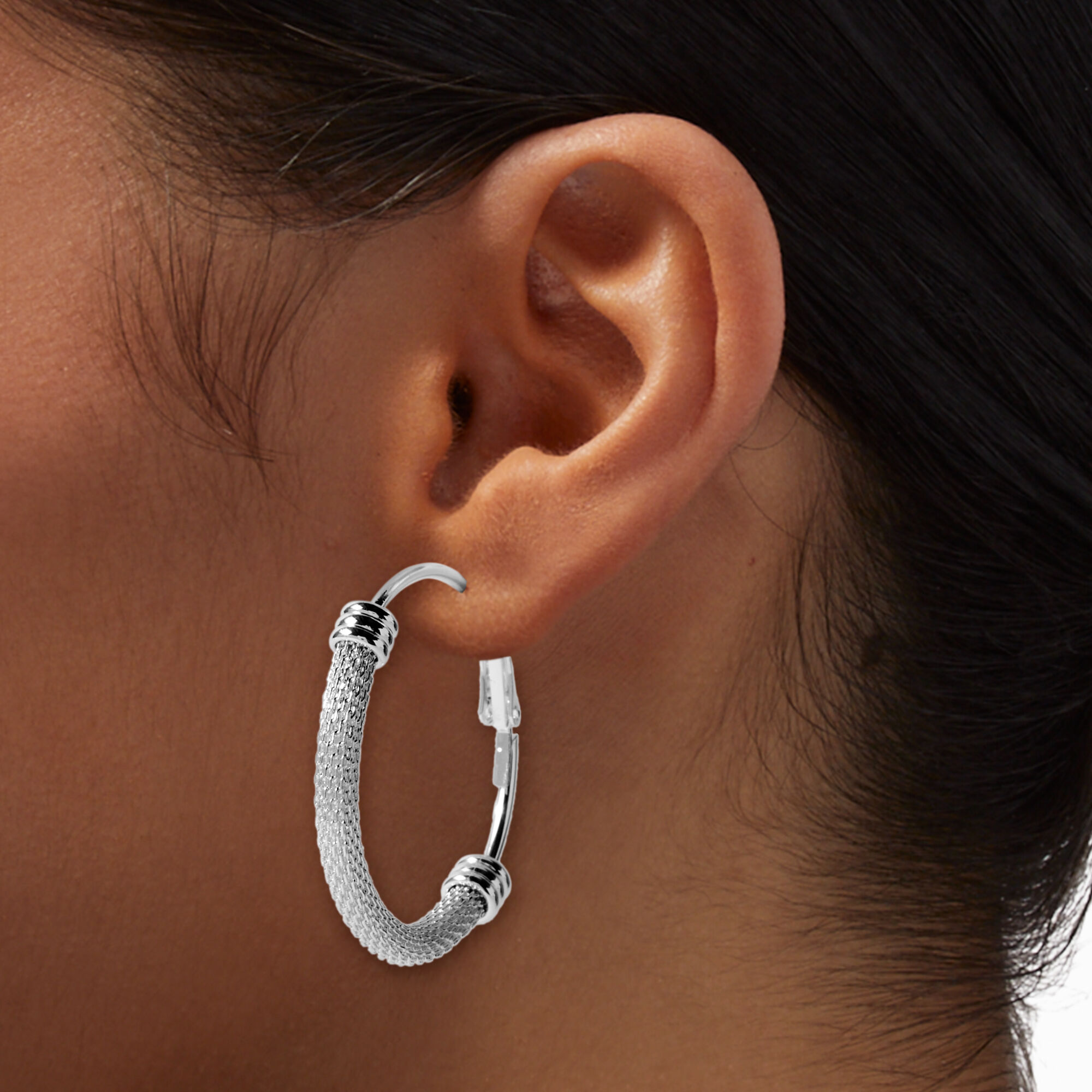 Silver tone Half Mesh 40MM Hoop Earrings Icing US