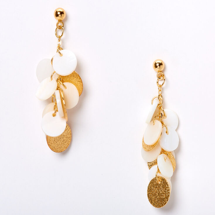Gold 1.5" Seashell Disc Chandelier Drop Earrings - White,