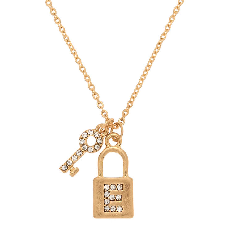 Gold Lock & Key Initial Pendant Necklace - E,