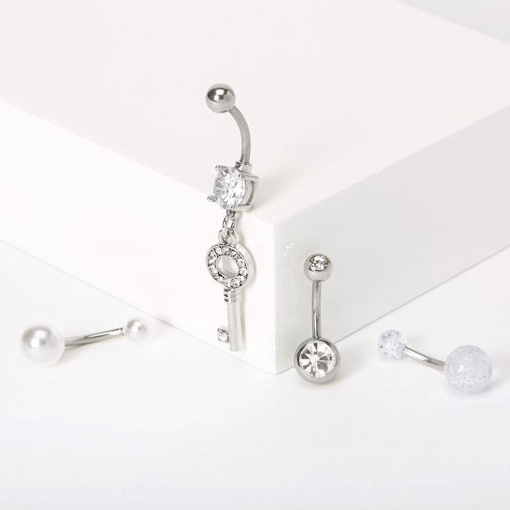 Silver 14g Embellished Key Pearl Belly Rings 4 Pack Icing Us