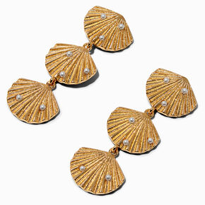 Gold-tone Pearl Embellished Seashell 2.5&quot; Linear Drop Earrings,
