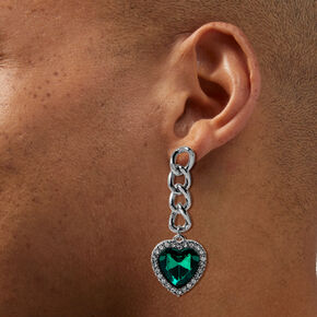 Silver-tone Green Crystal Heart 2&quot; Drop Earrings,