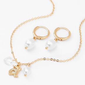 Gold Pearl &amp; Initial Necklace &amp; Earrings Set - A,