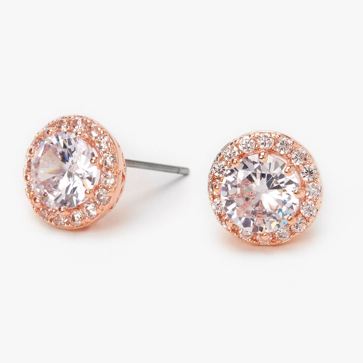 Rose Gold Cubic Zirconia Halo Stud Earrings - 10MM,