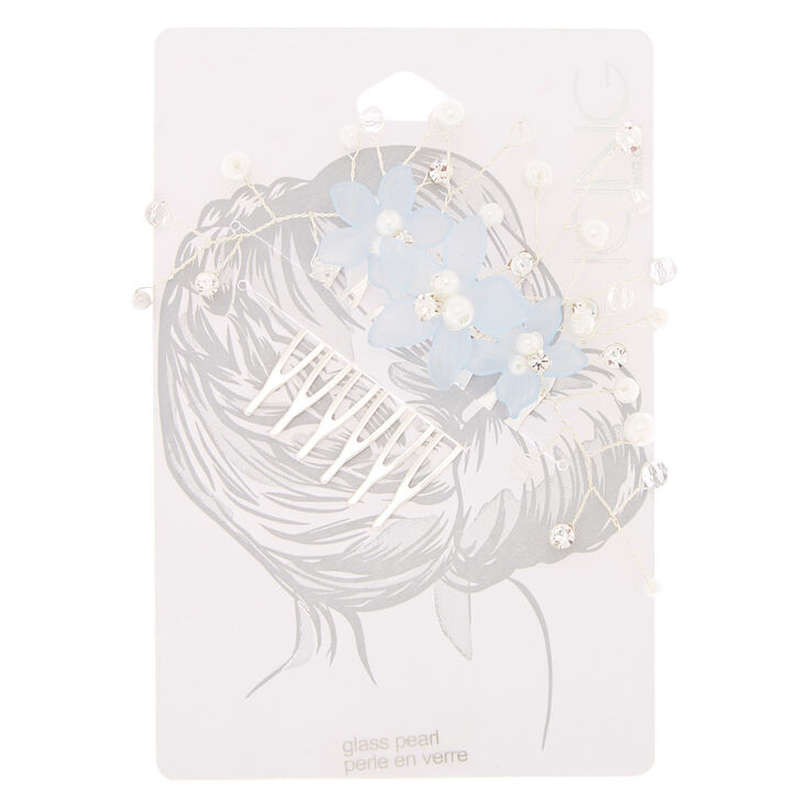 Silver Frosted Flower Hair Comb - Blue,