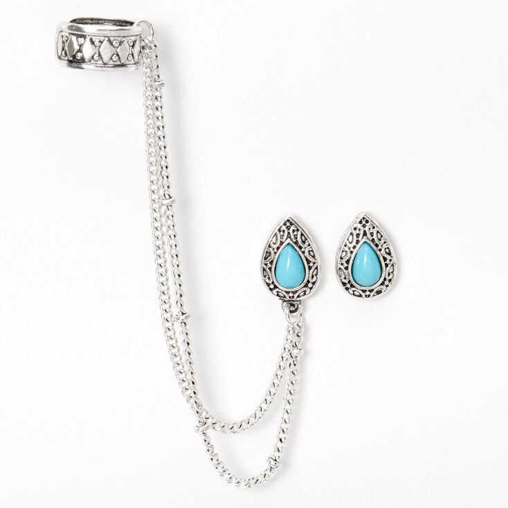 Silver Antique Teardrop Ear Connector Earrings - Turquoise,