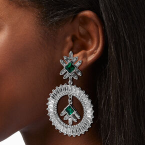 Emerald Green Crystal Open Hoop 2.5&quot; Drop Earrings,