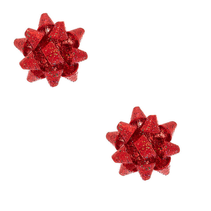 Silver Glitter Bow Stud Earrings - Red,