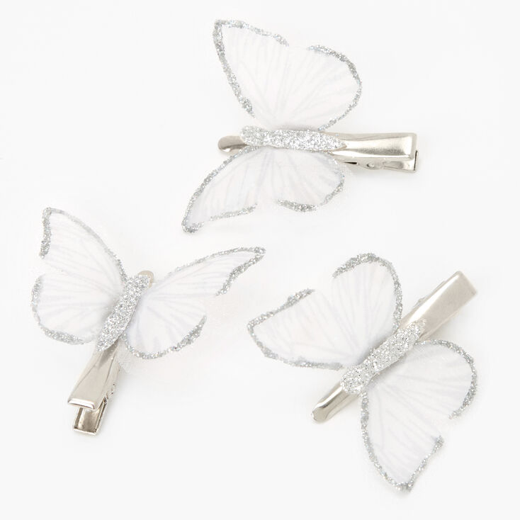 Silver Glitter Clear Butterfly Hair Clips - 3 Pack,