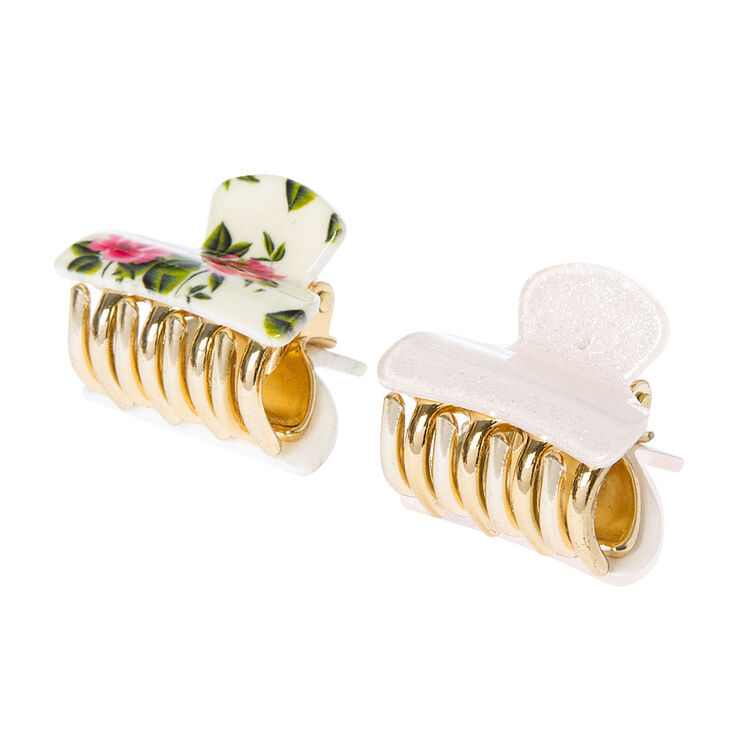 Iridescent Glitter & Pink Rose Claw Clips,