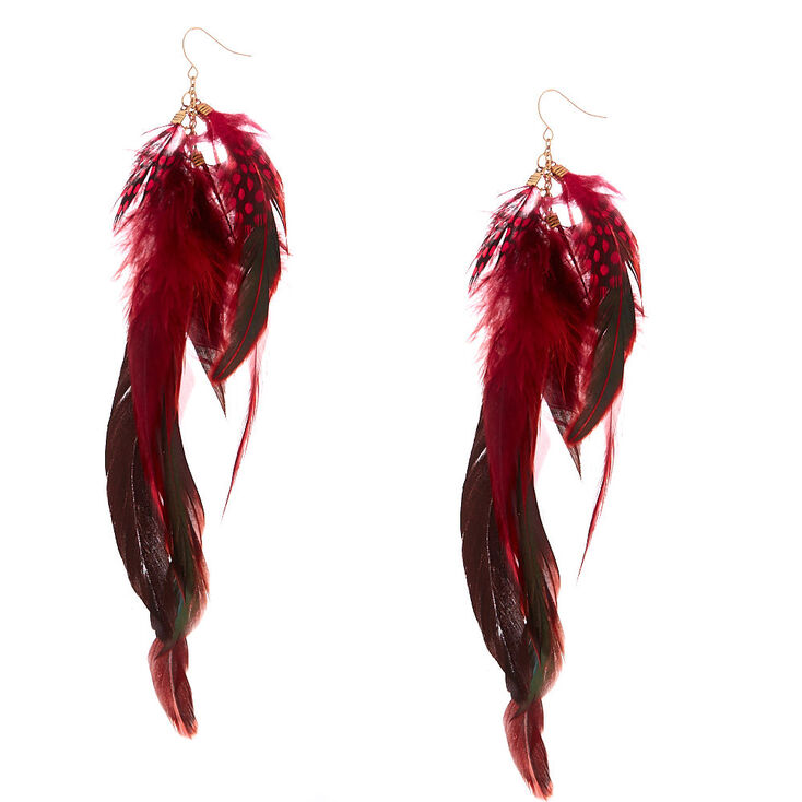 7" Festival Feather Drop Earrings - Red,