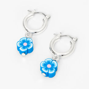 Silver 1&quot; Blue Flower Hinge Drop Earrings,