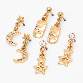 Gold Dangly Celestial Stud Earrings - 3 Pack,