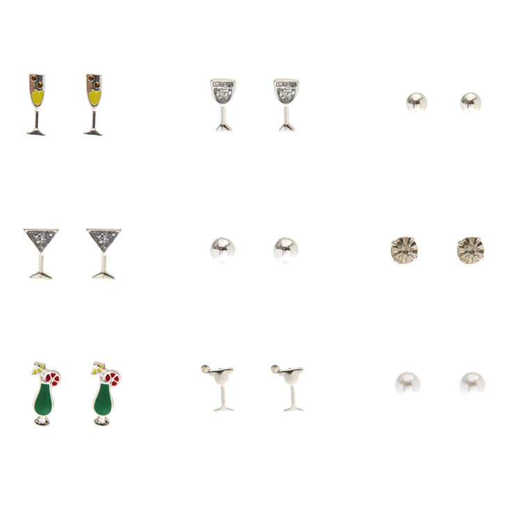 9 Pack Silver Tone Happy Hour Stud Earrings,