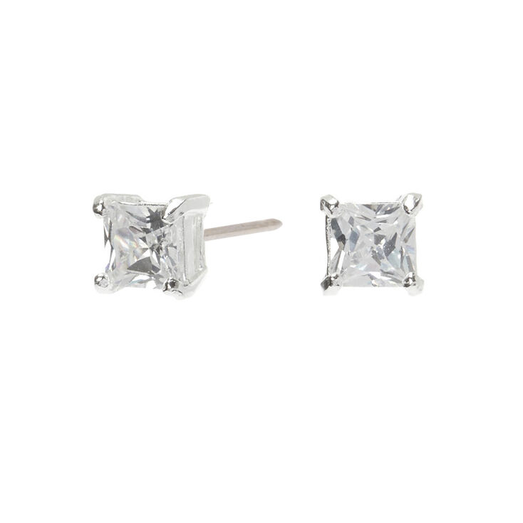 Sterling Silver Cubic Zirconia Square Stud Earrings - 4MM,