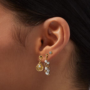 Gold-tone Pearl Connector Earring Set - 3 Pack,