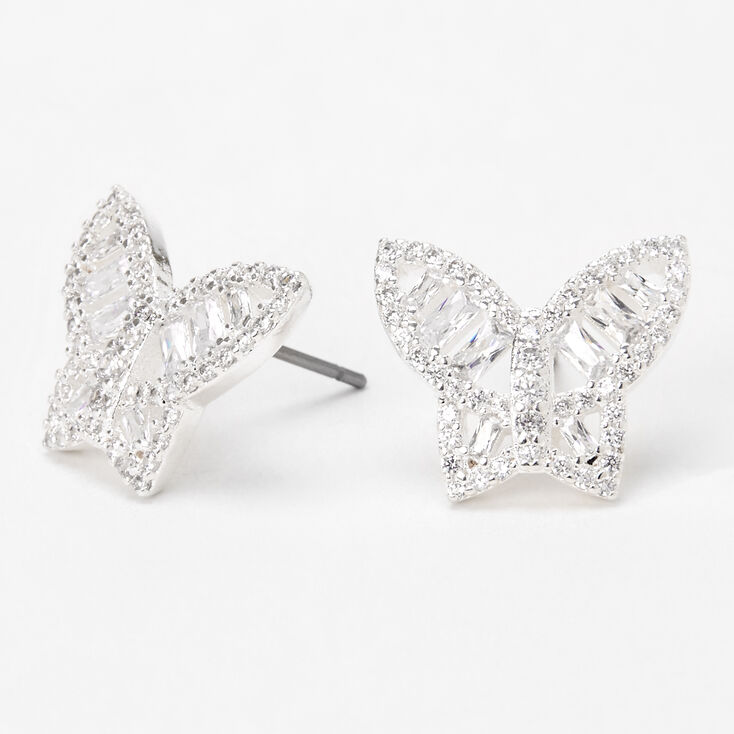 Silver Cubic Zirconia Butterfly Stud Earrings,