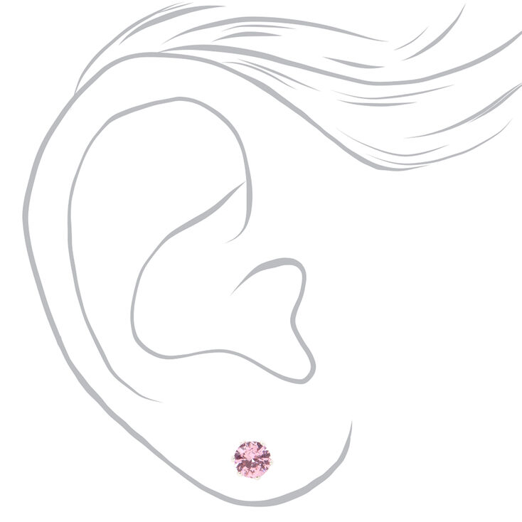 Silver Cubic Zirconia Round Stud Earrings - Pink, 5MM,