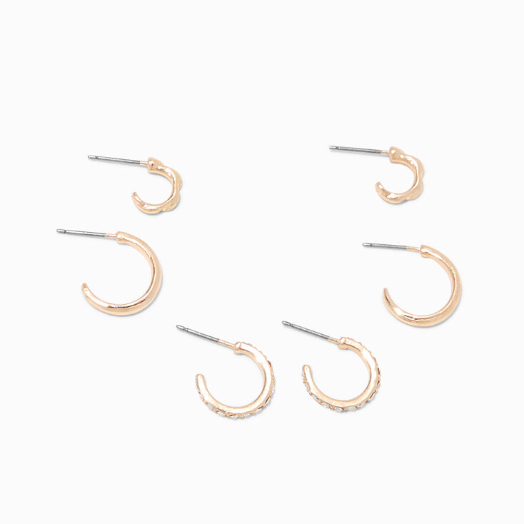 Gold Graduated Embellished Huggie Hoop Earring Stackables Set - 3 Pack,