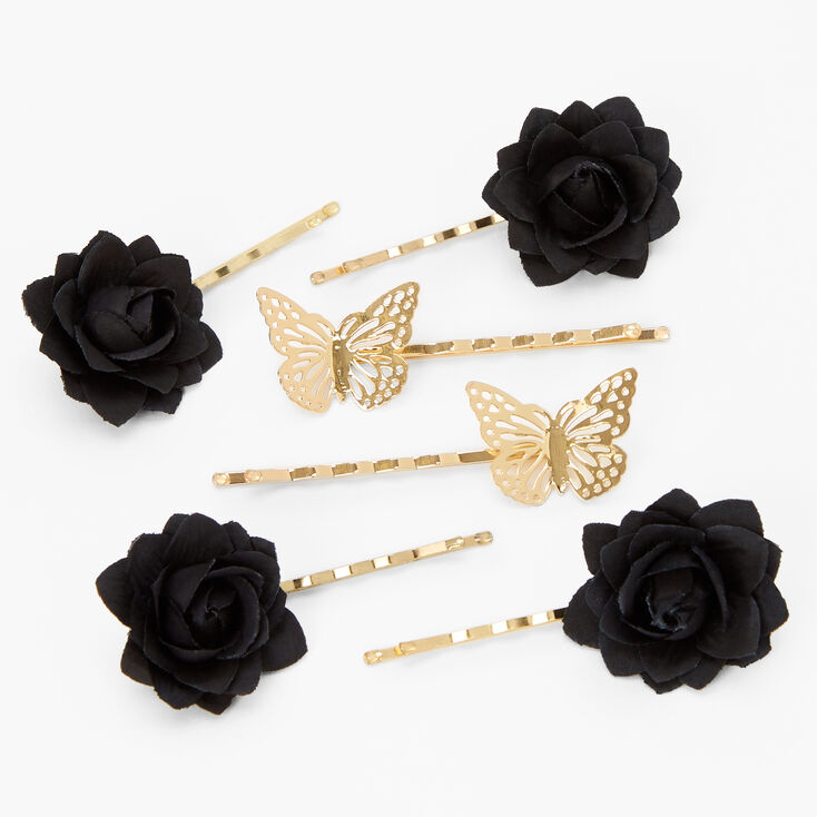 Gold Butterfly Flower Hair Pins - Black, 6 Pack,