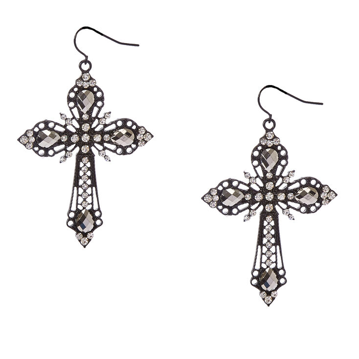 Filigree Gothic Black Cross Drop Earrings,