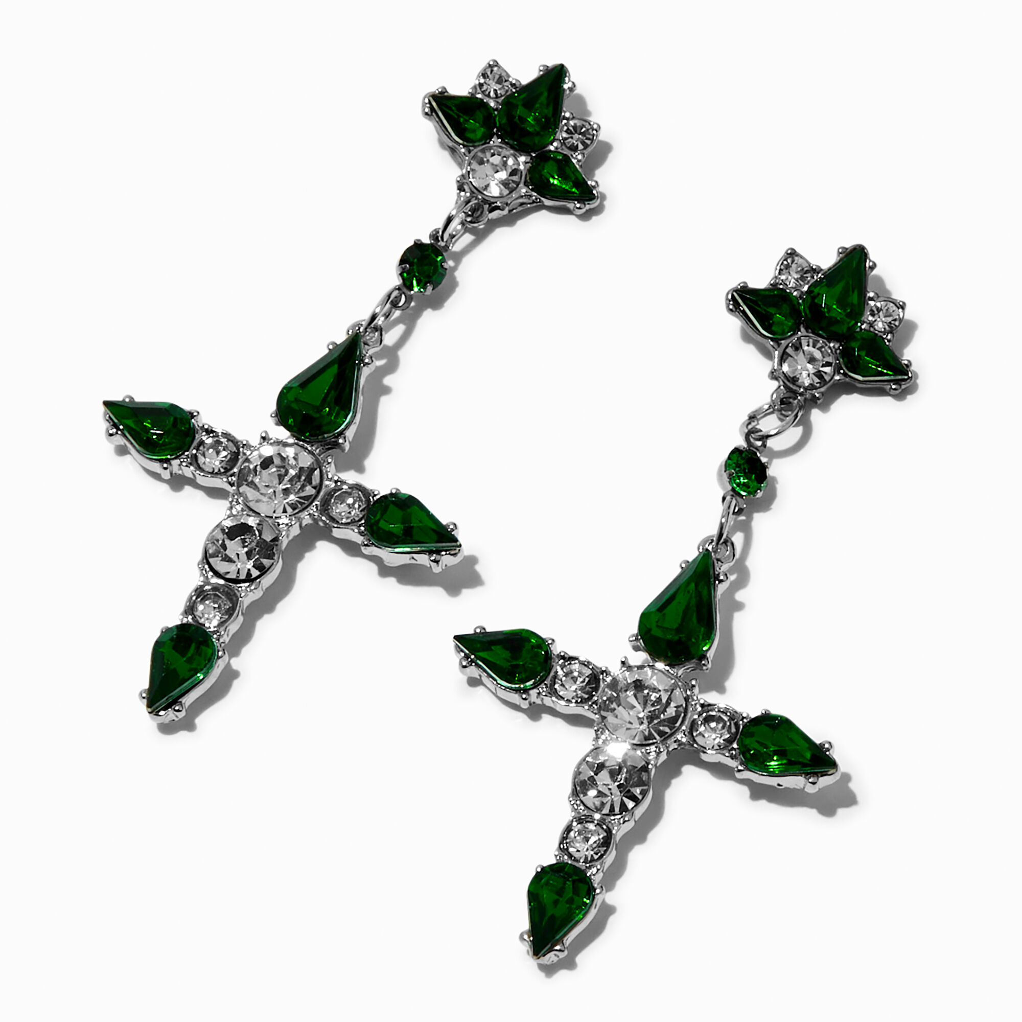 Faux Emerald Cross 2.5 Drop Earrings Icing US