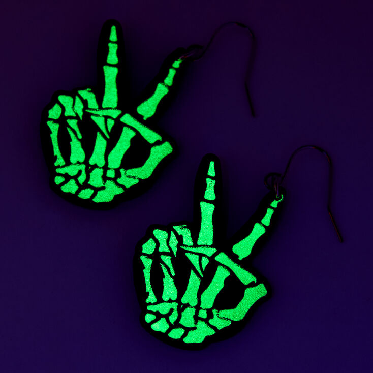 Skeleton Peace Sign Glow in the Dark 1.5&quot; Drop Earrings,