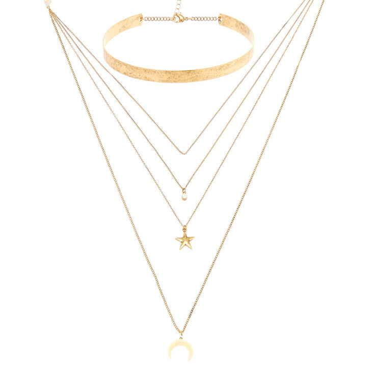 Distressed Gold Layered Choker Charm Necklace,