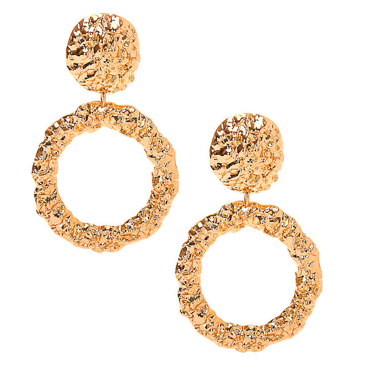Gold 2" Textured Circle Drop Earrings,