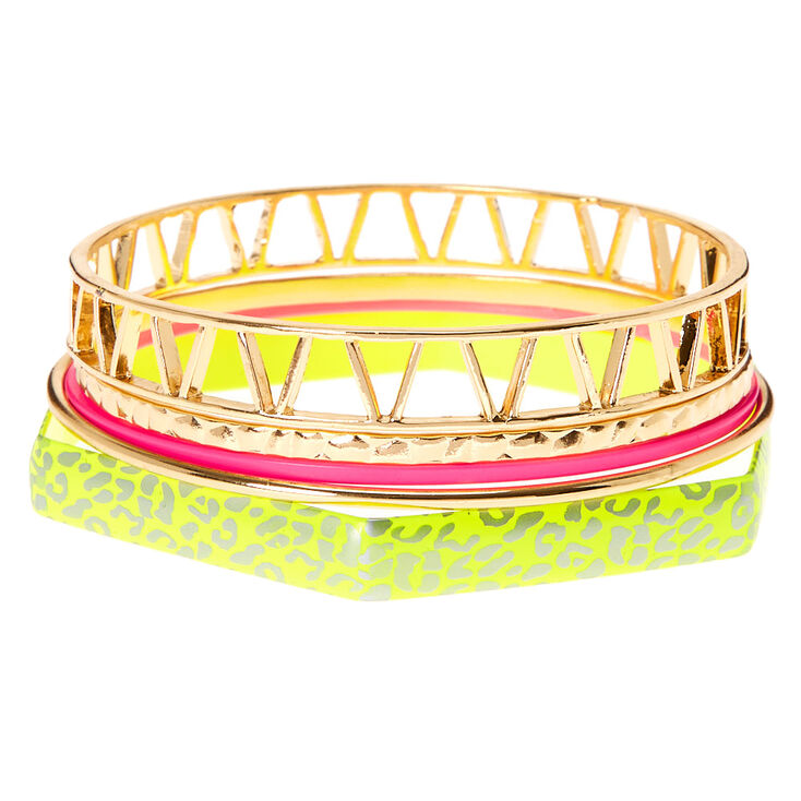 Gold & Neon Leopard Bangle Bracelets - 5 Pack,