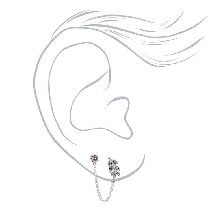 Sterling Silver Embellished Leaf Connector Chain Stud Earrings,