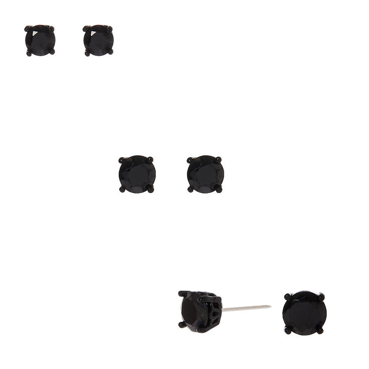 Black Cubic Zirconia 4MM, 5MM, 6MM Round Stud Earrings - 3 Pack,