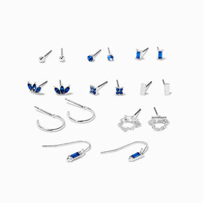 Silver-tone Blue Crystal Mixed Earring Set - 9 Pack,