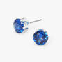 Silver Cubic Zirconia 7 MM Blue Round Stud Earrings,