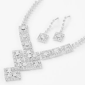 Silver Crystal Square 16&quot; Necklace &amp; 1&quot; Drop Earrings Jewelry Set - 2 Pack,