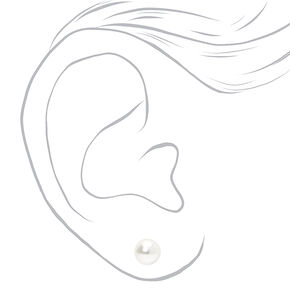 Silver Pearl Stud Earrings - White, 6MM,