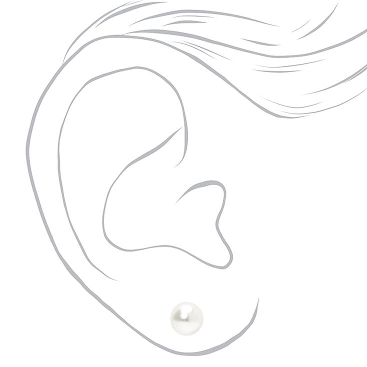 Silver Pearl Stud Earrings - White, 6MM,