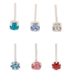 Sterling Silver 22G Rainbow Crystal Nose Studs - 6 Pack,